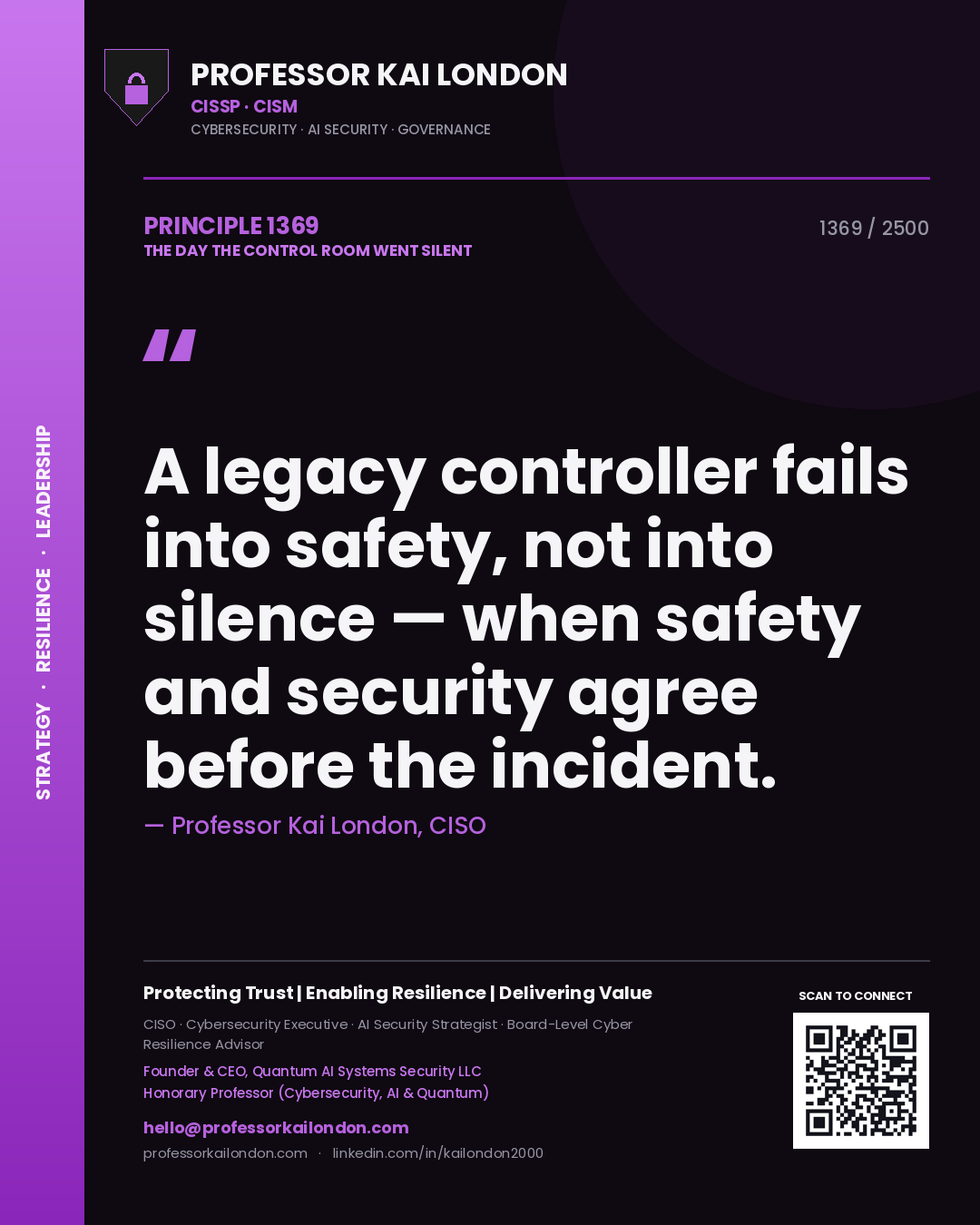 Quote card by Professor Kai London reading 'A legacy controller fails into safety, not into silence — when safety and security agree before the incident.'. From the book The Day the Control Room Went Silent.