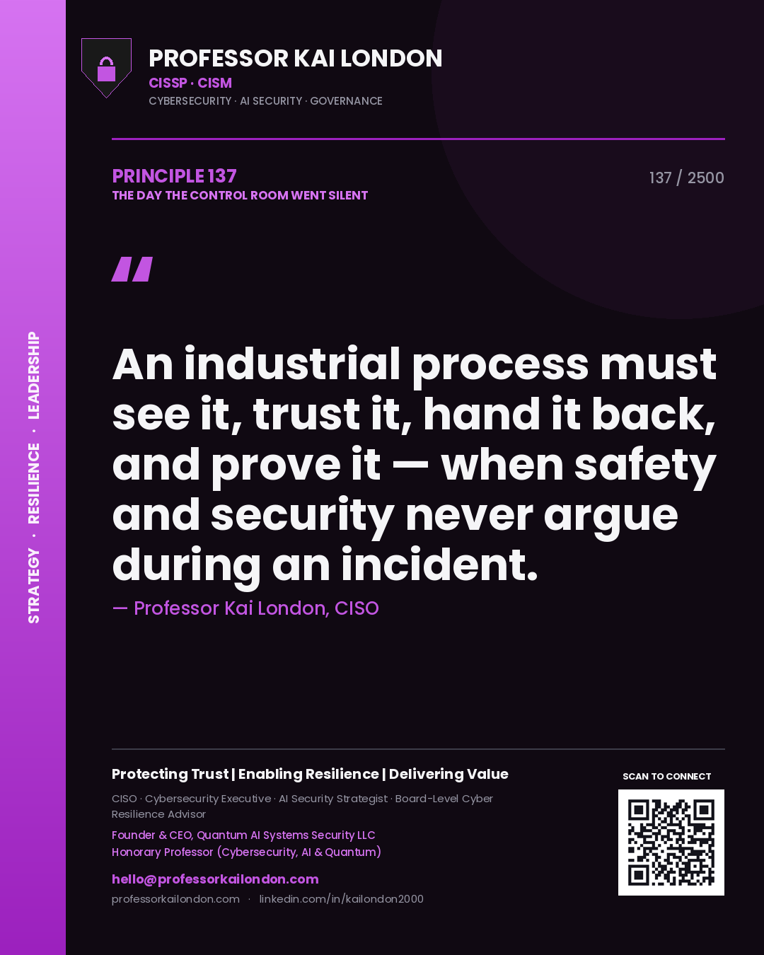 Quote card by Professor Kai London reading 'An industrial process must see it, trust it, hand it back, and prove it — when safety and security never argue during an incident.'. From the book The Day the Control Room Went Silent.