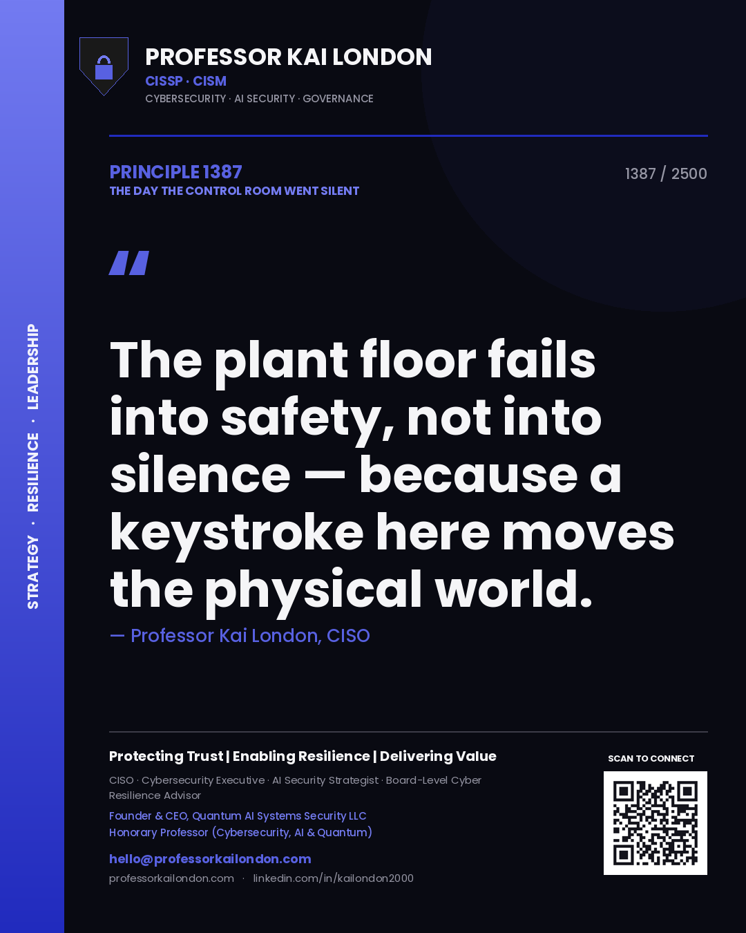 Quote card by Professor Kai London reading 'The plant floor fails into safety, not into silence — because a keystroke here moves the physical world.'. From the book The Day the Control Room Went Silent.