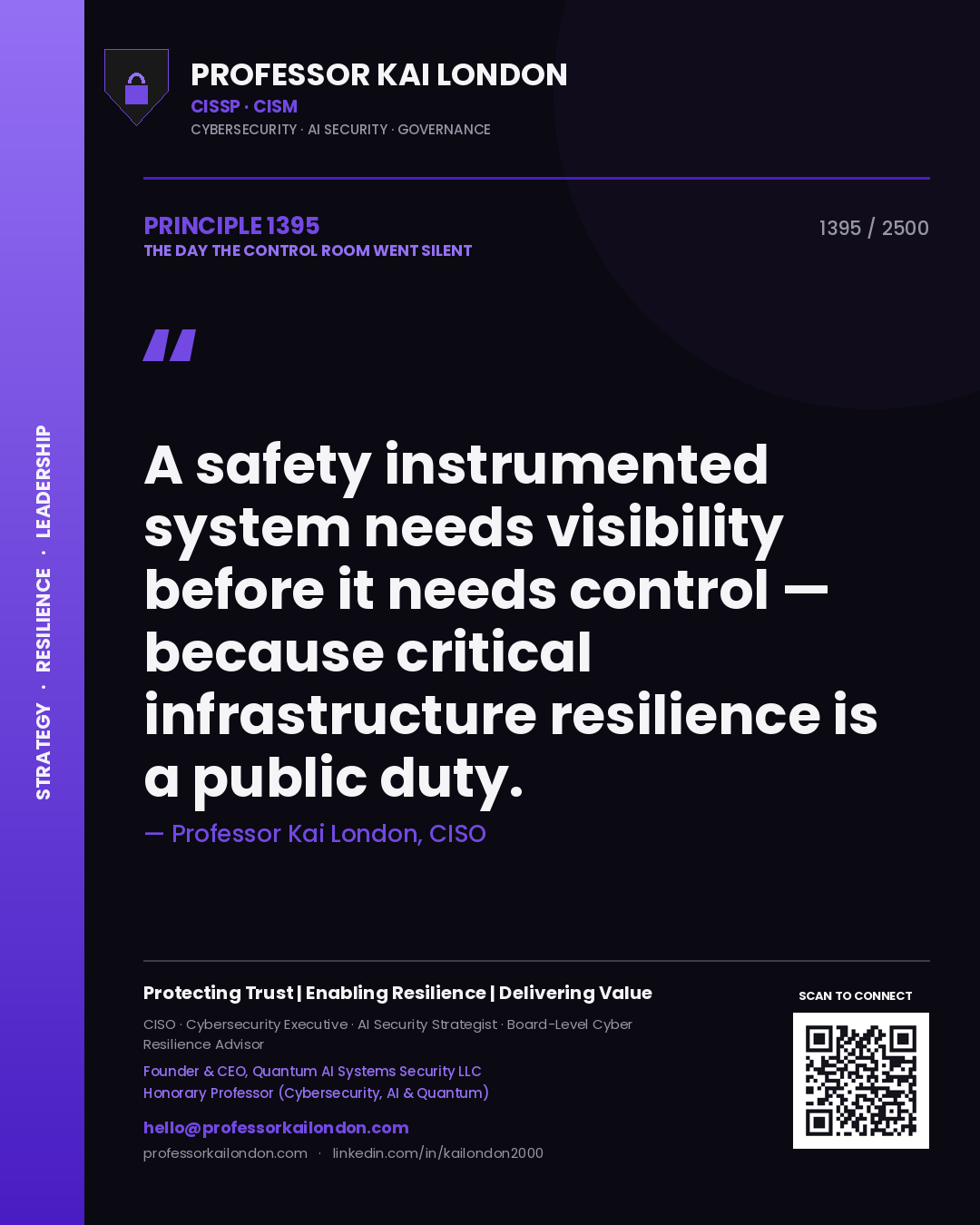 Quote card by Professor Kai London reading 'A safety instrumented system needs visibility before it needs control — because critical infrastructure resilience is a public duty.'. From the book The Day the Control Room Went Silent.