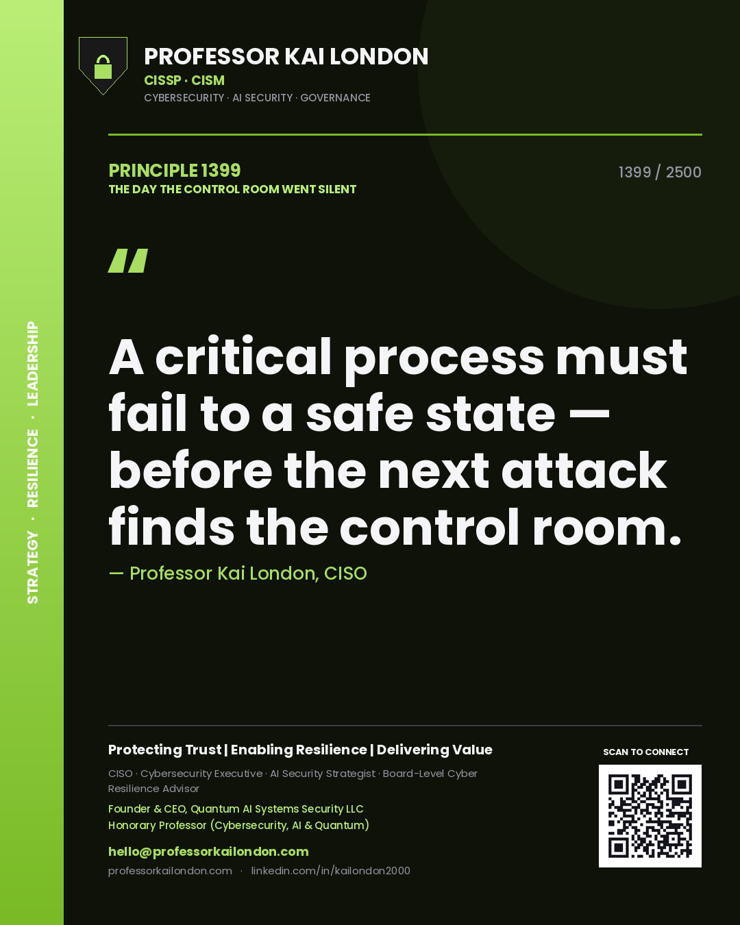 Quote card by Professor Kai London reading 'A critical process must fail to a safe state — before the next attack finds the control room.'. From the book The Day the Control Room Went Silent.