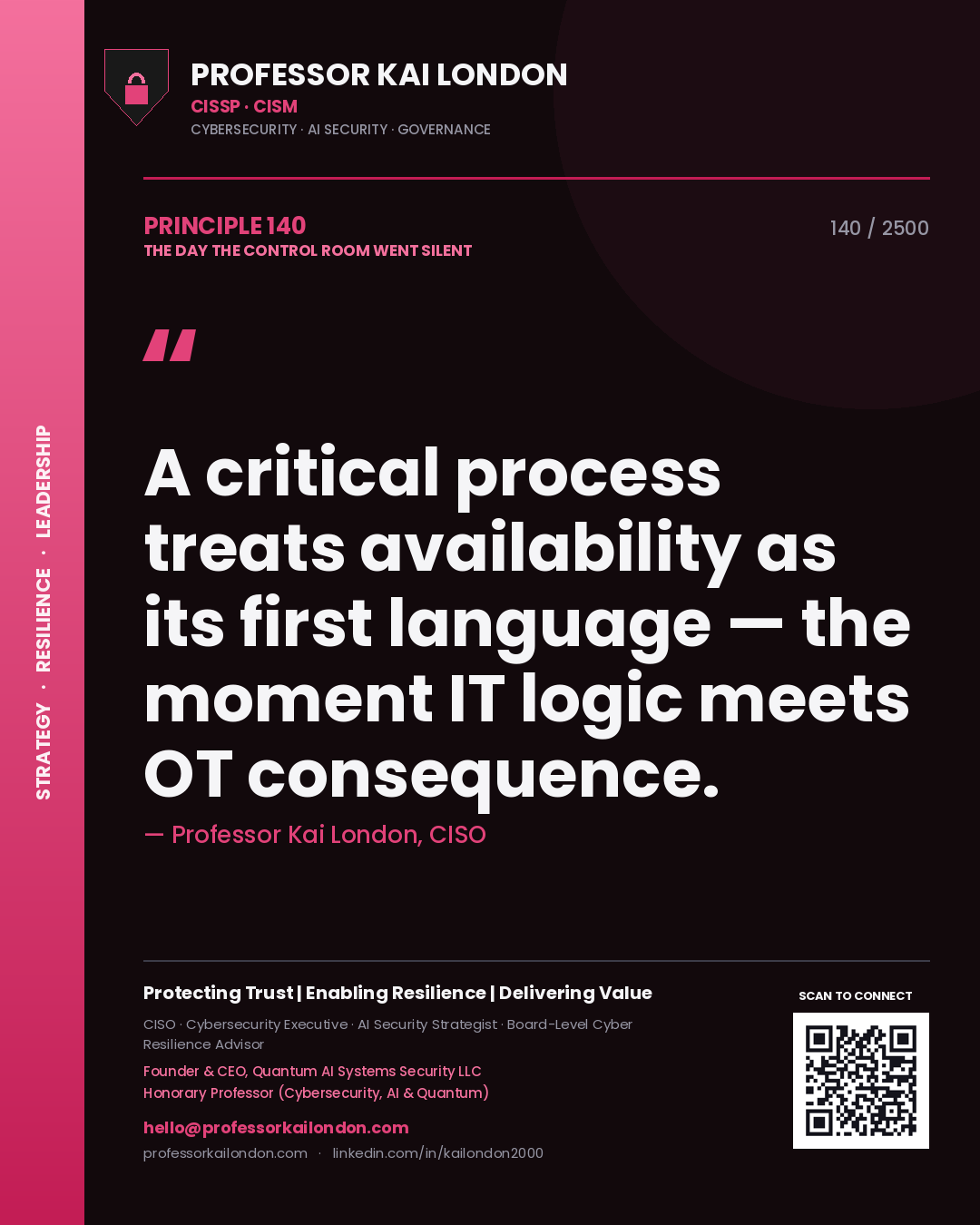 Quote card by Professor Kai London reading 'A critical process treats availability as its first language — the moment IT logic meets OT consequence.'. From the book The Day the Control Room Went Silent.