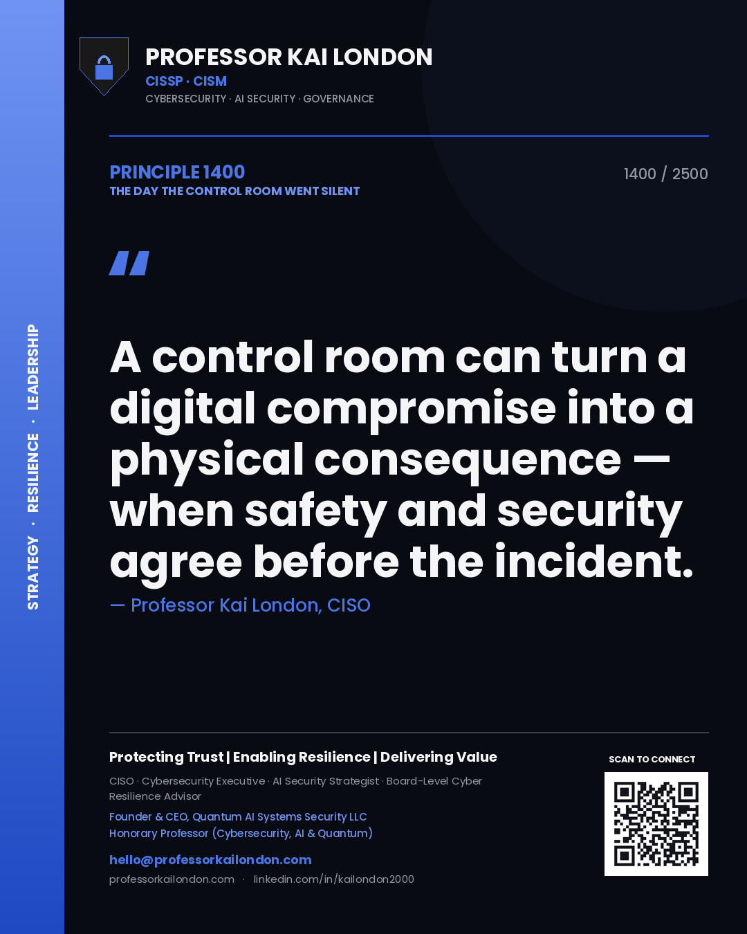 Quote card by Professor Kai London reading 'A control room can turn a digital compromise into a physical consequence — when safety and security agree before the incident.'. From the book The Day the Control Room Went Silent.