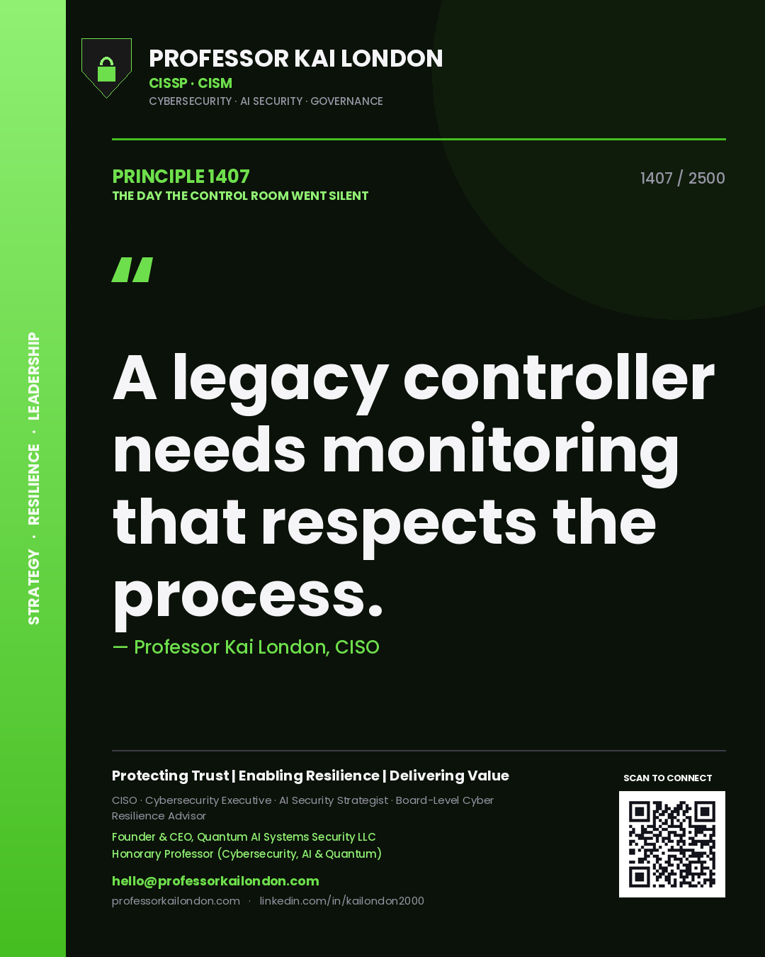 Quote card by Professor Kai London reading 'A legacy controller needs monitoring that respects the process.'. From the book The Day the Control Room Went Silent.
