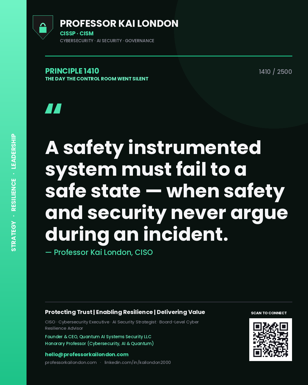 Quote card by Professor Kai London reading 'A safety instrumented system must fail to a safe state — when safety and security never argue during an incident.'. From the book The Day the Control Room Went Silent.
