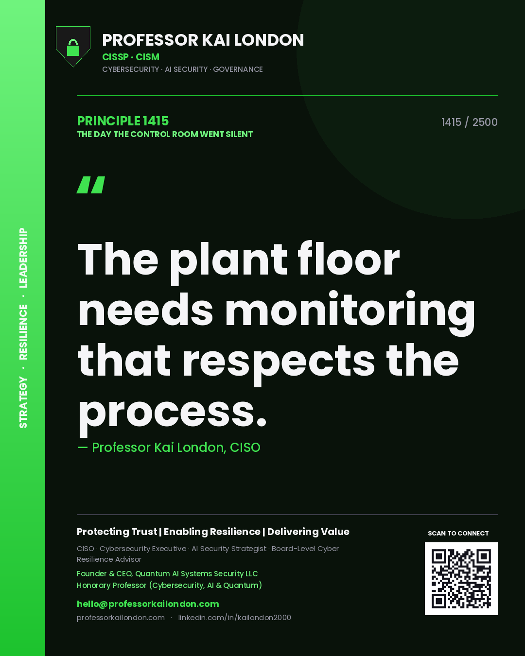 Quote card by Professor Kai London reading 'The plant floor needs monitoring that respects the process.'. From the book The Day the Control Room Went Silent.