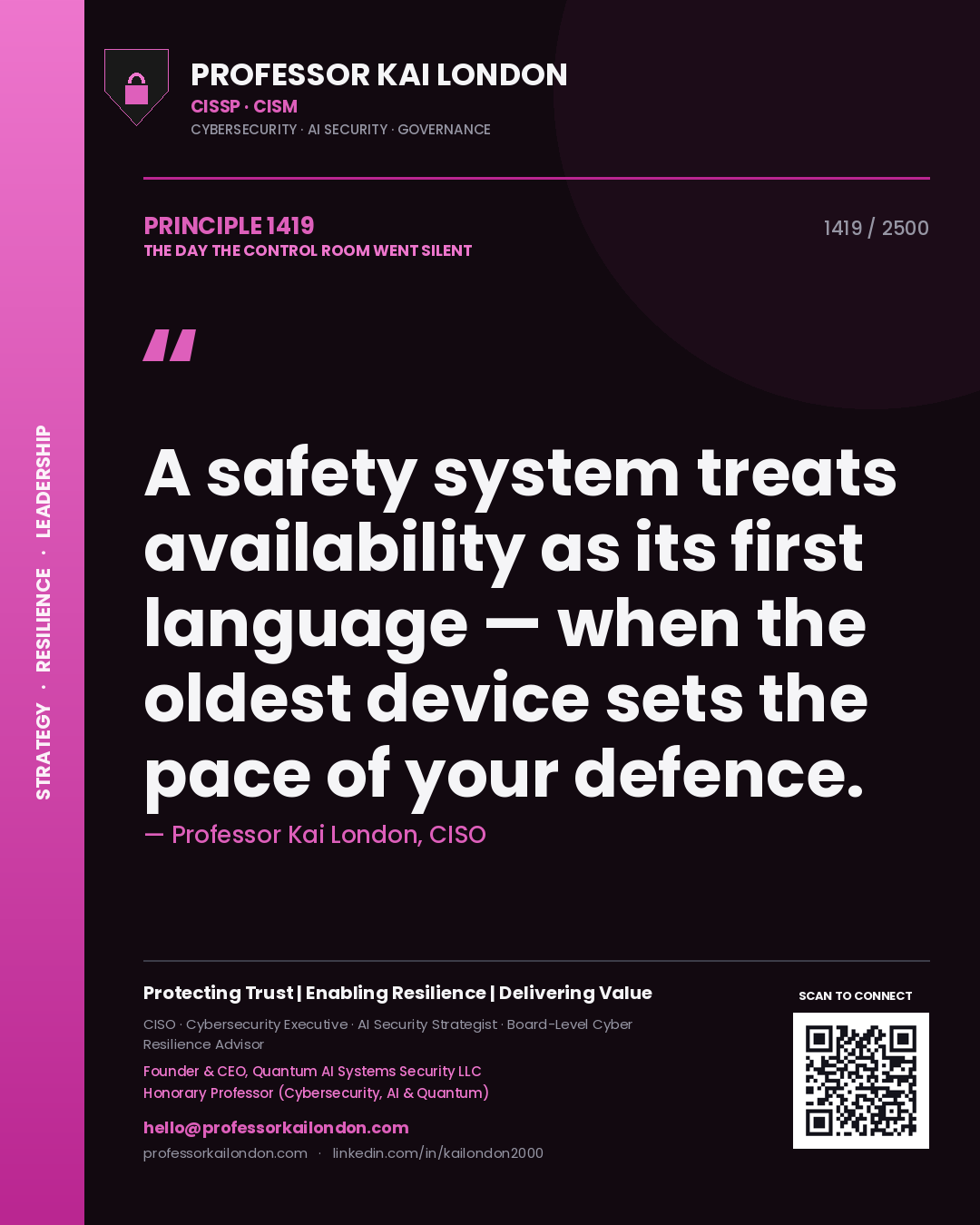 Quote card by Professor Kai London reading 'A safety system treats availability as its first language — when the oldest device sets the pace of your defence.'. From the book The Day the Control Room Went Silent.
