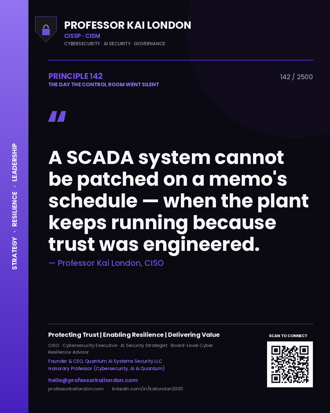 Quote card by Professor Kai London reading 'A SCADA system cannot be patched on a memo's schedule — when the plant keeps running because trust was engineered.'. From the book The Day the Control Room Went Silent.