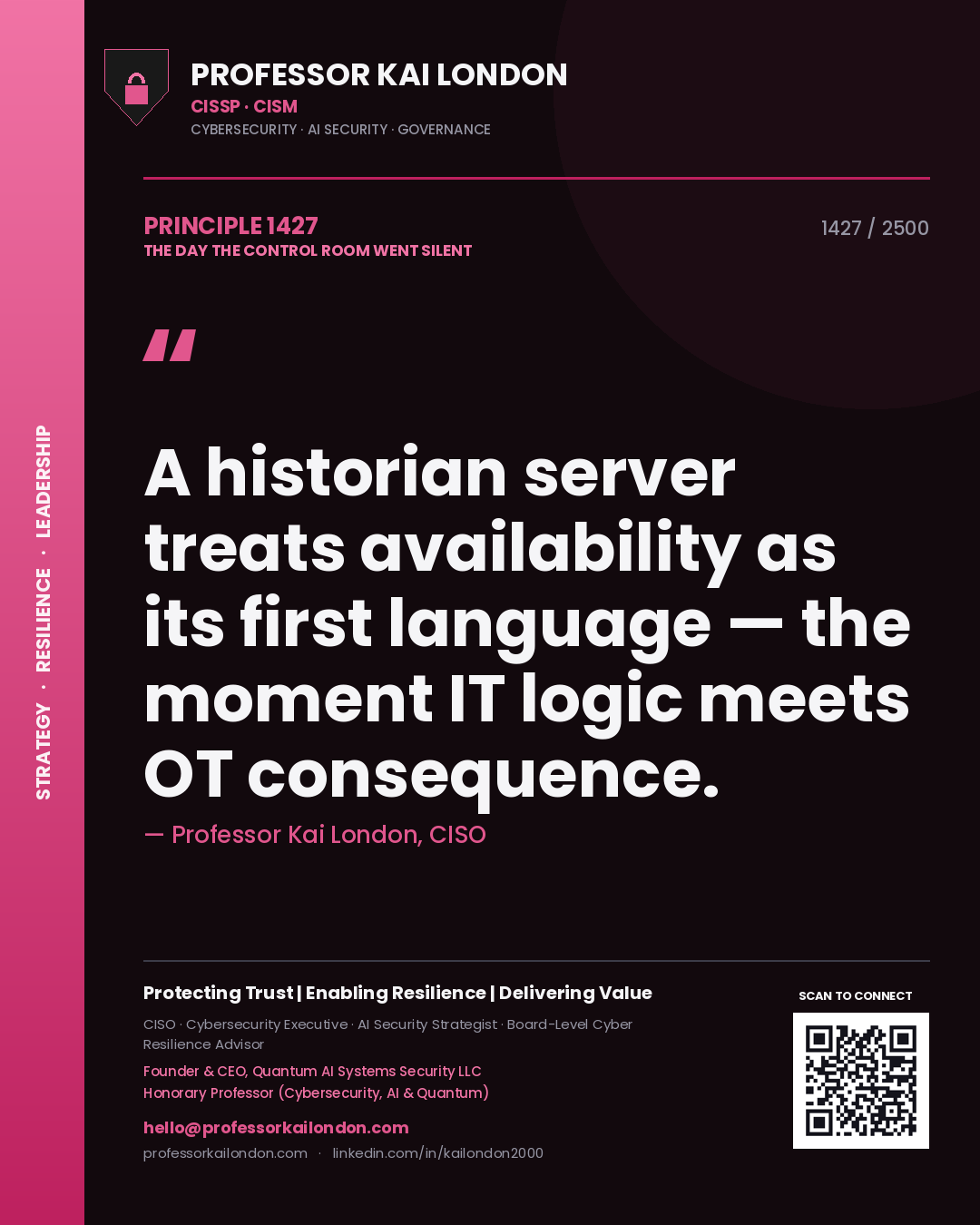 Professor Kai London principle 1427: A historian server treats availability as its first language — the moment IT logic meets OT consequence.