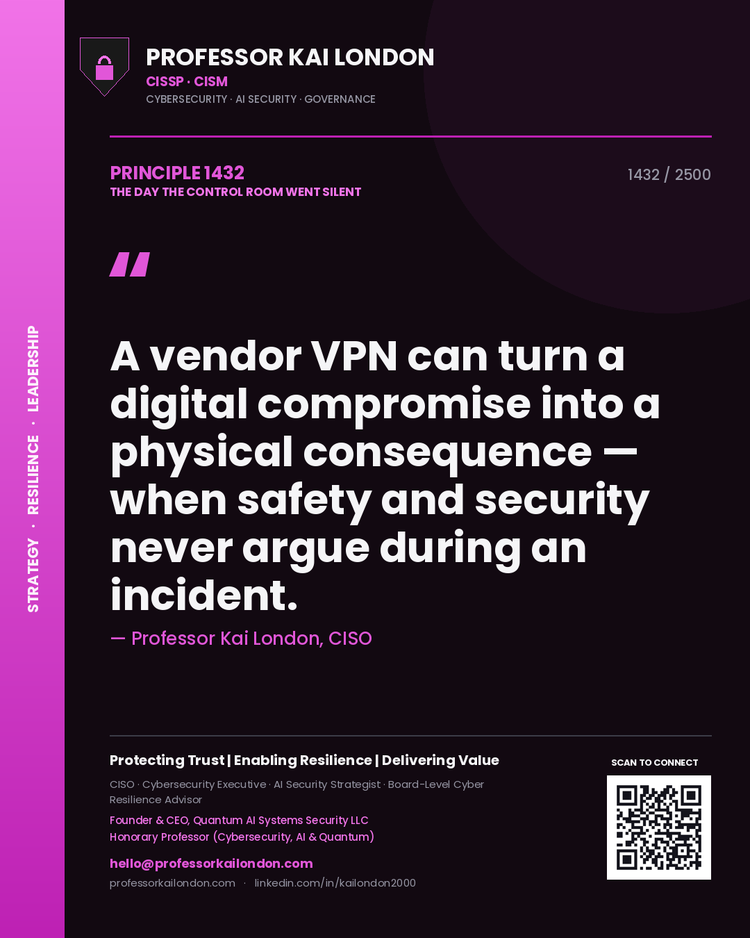 Professor Kai London principle 1432: A vendor VPN can turn a digital compromise into a physical consequence — when safety and security never argue during an incident.