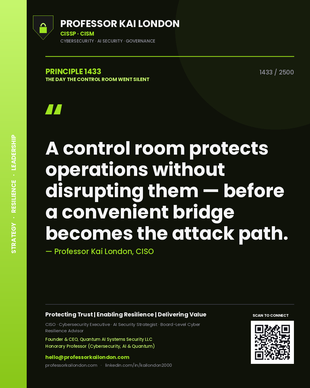 Quote card by Professor Kai London reading 'A control room protects operations without disrupting them — before a convenient bridge becomes the attack path.'. From the book The Day the Control Room Went Silent.