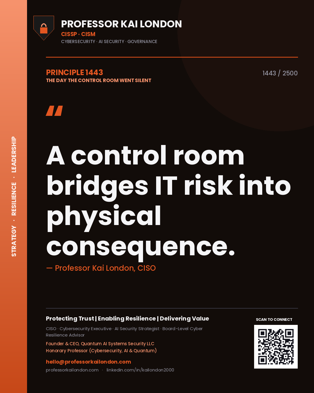 Quote card by Professor Kai London reading 'A control room bridges IT risk into physical consequence.'. From the book The Day the Control Room Went Silent.