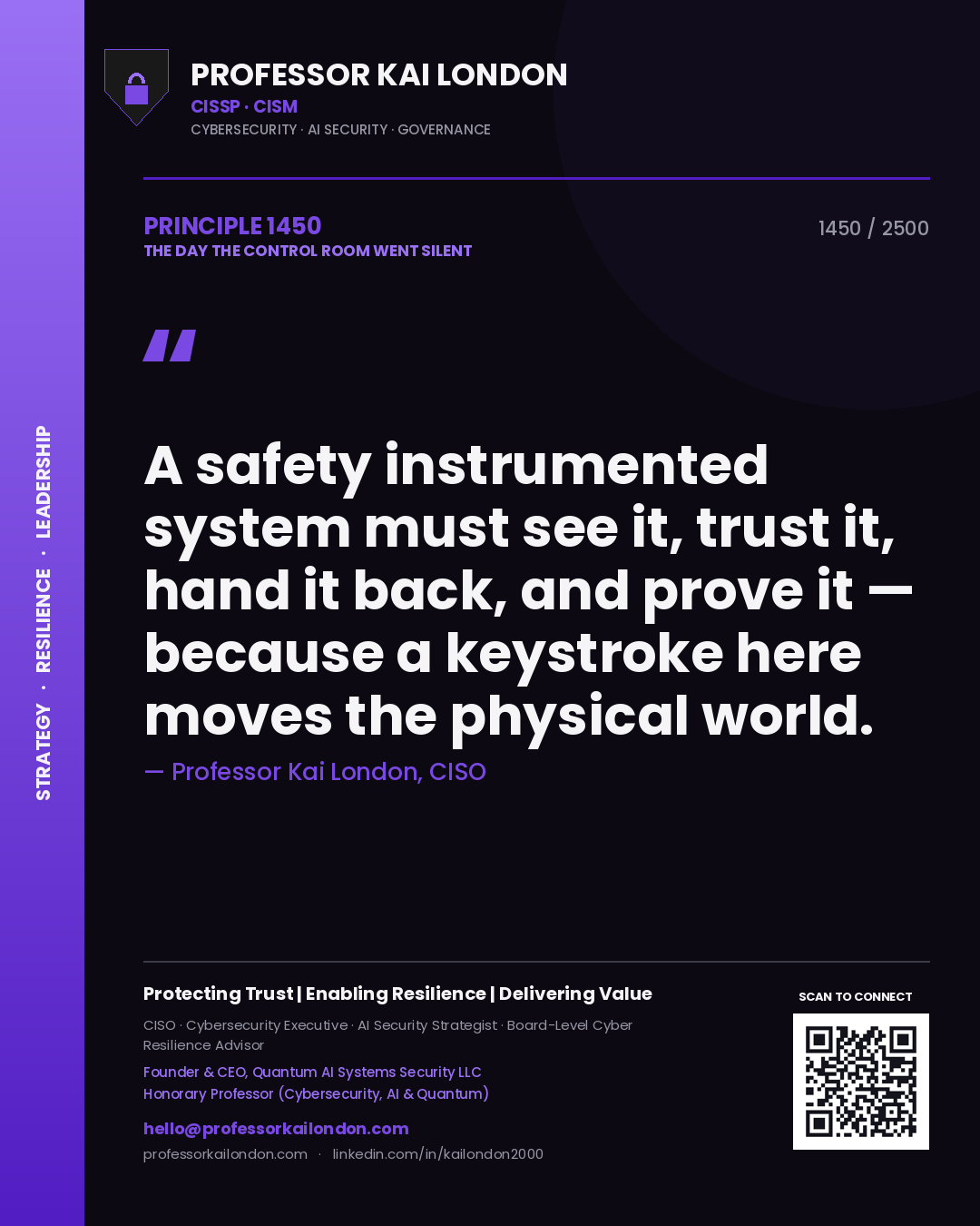 Professor Kai London principle 1450: A safety instrumented system must see it, trust it, hand it back, and prove it — because a keystroke here moves the physical world.