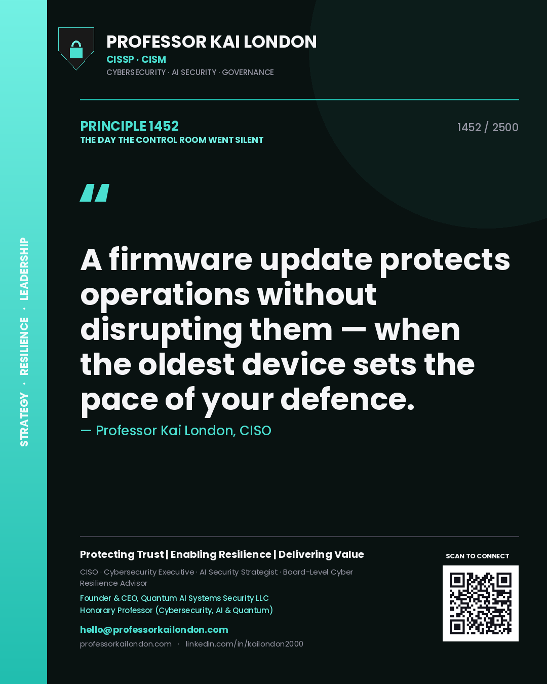 Quote card by Professor Kai London reading 'A firmware update protects operations without disrupting them — when the oldest device sets the pace of your defence.'. From the book The Day the Control Room Went Silent.