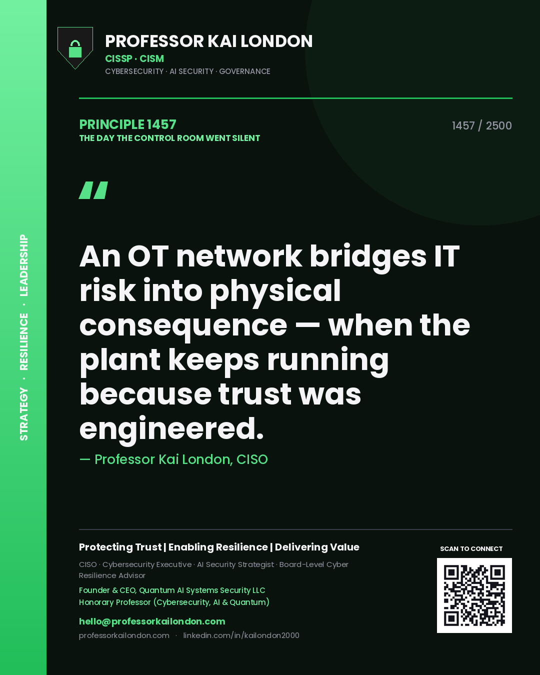 Professor Kai London principle 1457: An OT network bridges IT risk into physical consequence — when the plant keeps running because trust was engineered.