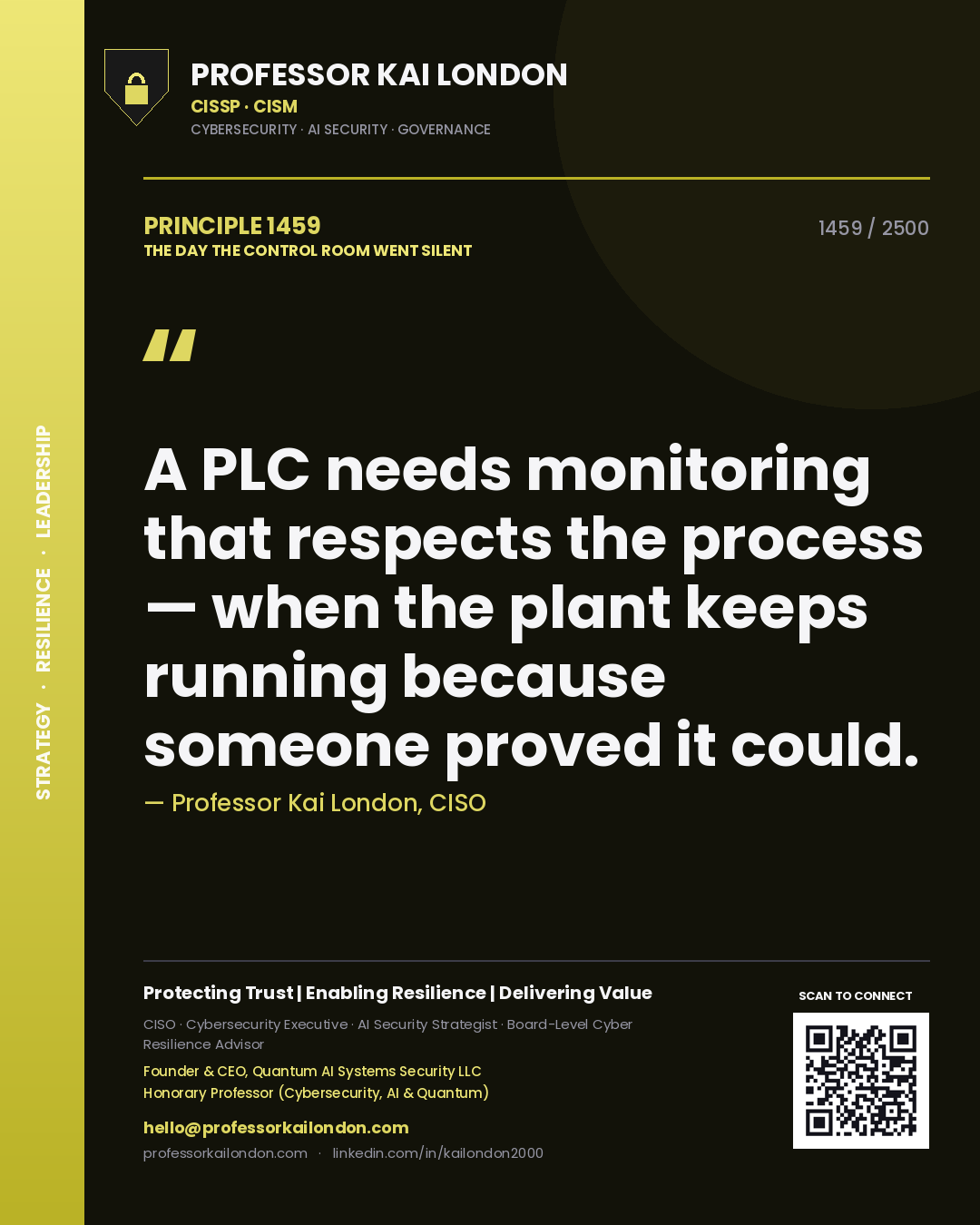 Quote card by Professor Kai London reading 'A PLC needs monitoring that respects the process — when the plant keeps running because someone proved it could.'. From the book The Day the Control Room Went Silent.