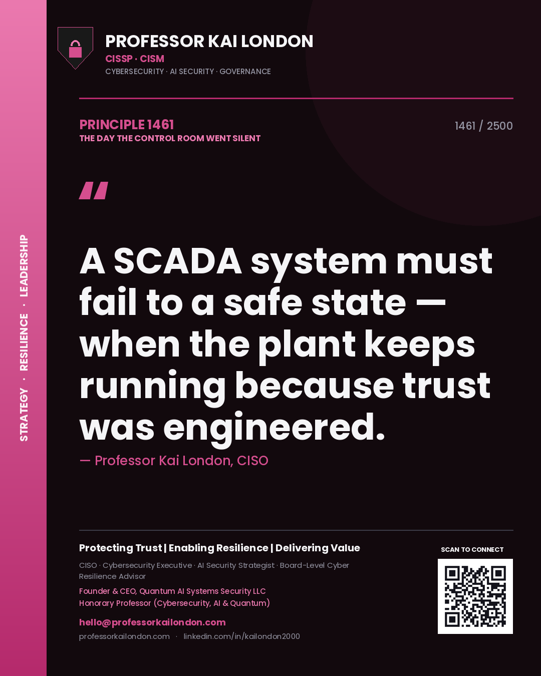 Professor Kai London principle 1461: A SCADA system must fail to a safe state — when the plant keeps running because trust was engineered.