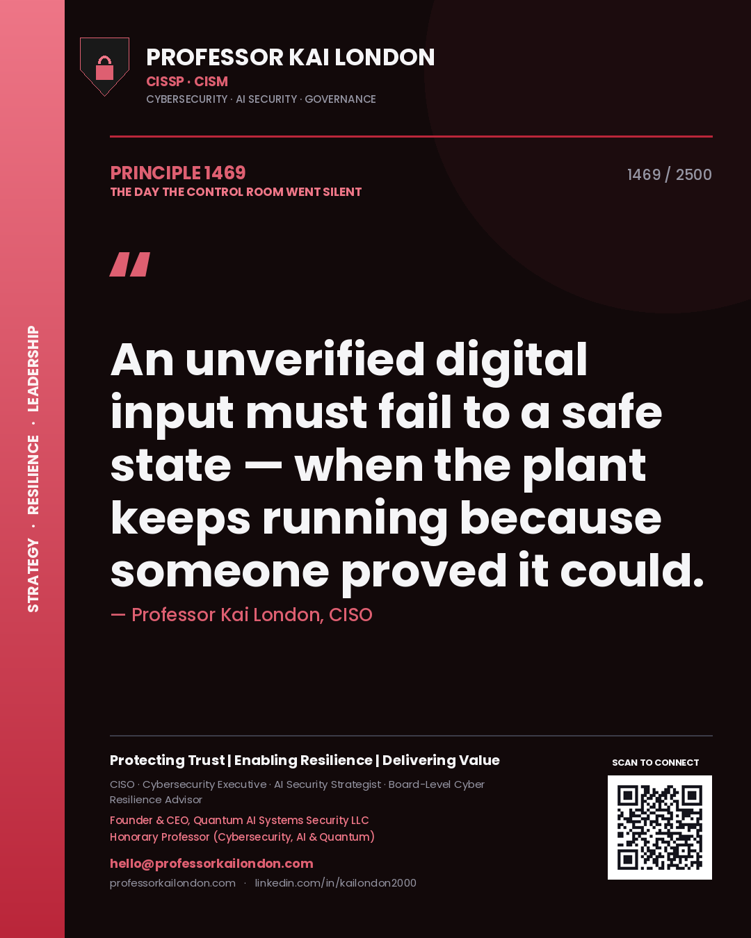 Quote card by Professor Kai London reading 'An unverified digital input must fail to a safe state — when the plant keeps running because someone proved it could.'. From the book The Day the Control Room Went Silent.