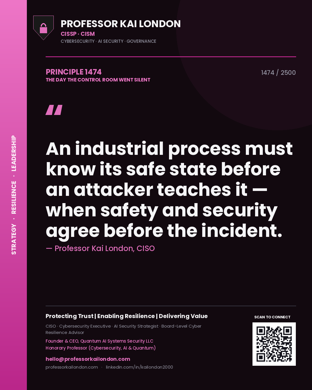 Quote card by Professor Kai London reading 'An industrial process must know its safe state before an attacker teaches it — when safety and security agree before the incident.'. From the book The Day the Control Room Went Silent.