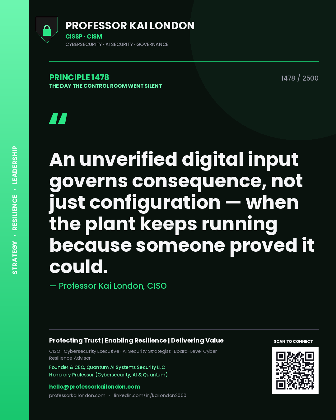 Quote card by Professor Kai London reading 'An unverified digital input governs consequence, not just configuration — when the plant keeps running because someone proved it could.'. From the book The Day the Control Room Went Silent.