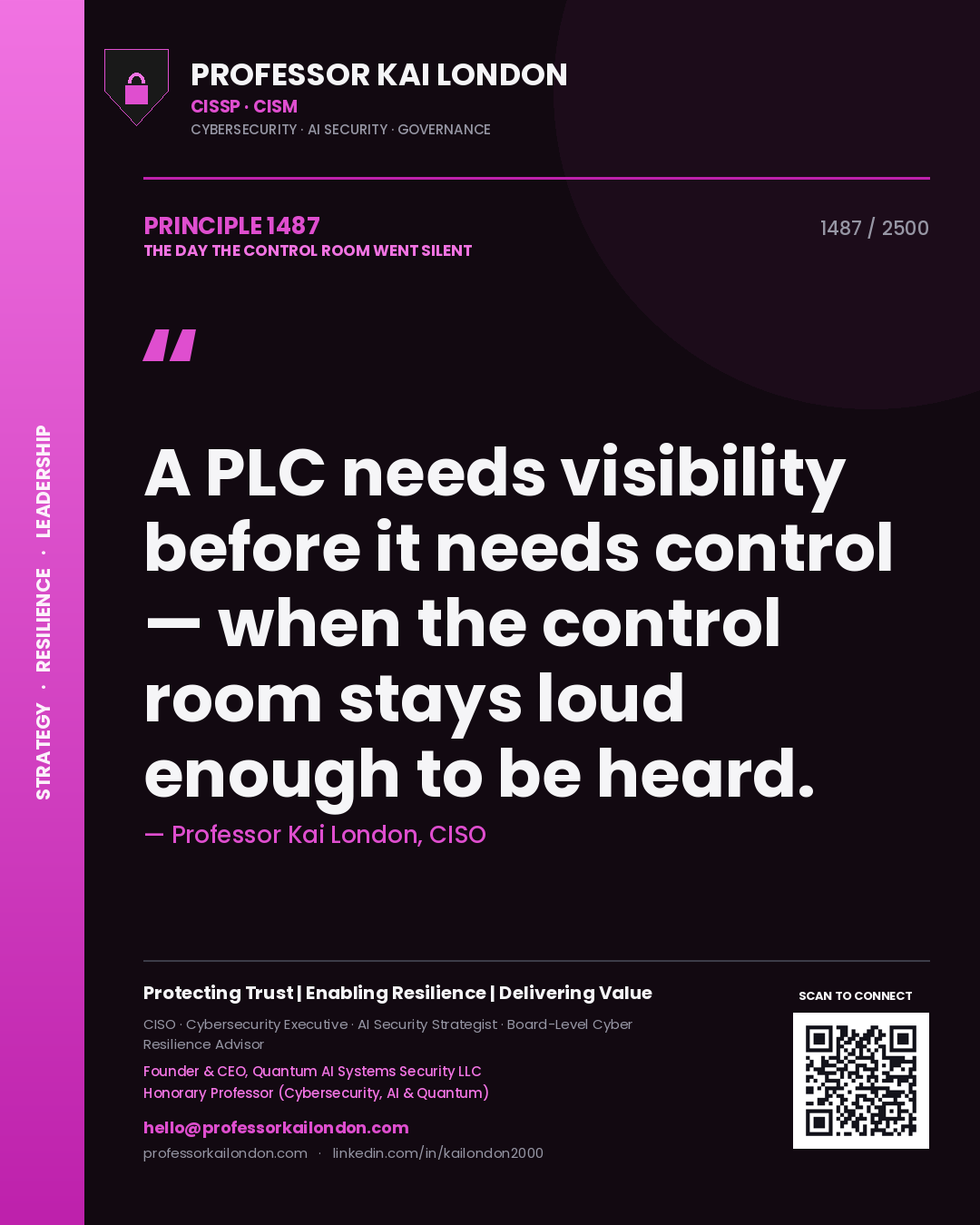 Quote card by Professor Kai London reading 'A PLC needs visibility before it needs control — when the control room stays loud enough to be heard.'. From the book The Day the Control Room Went Silent.