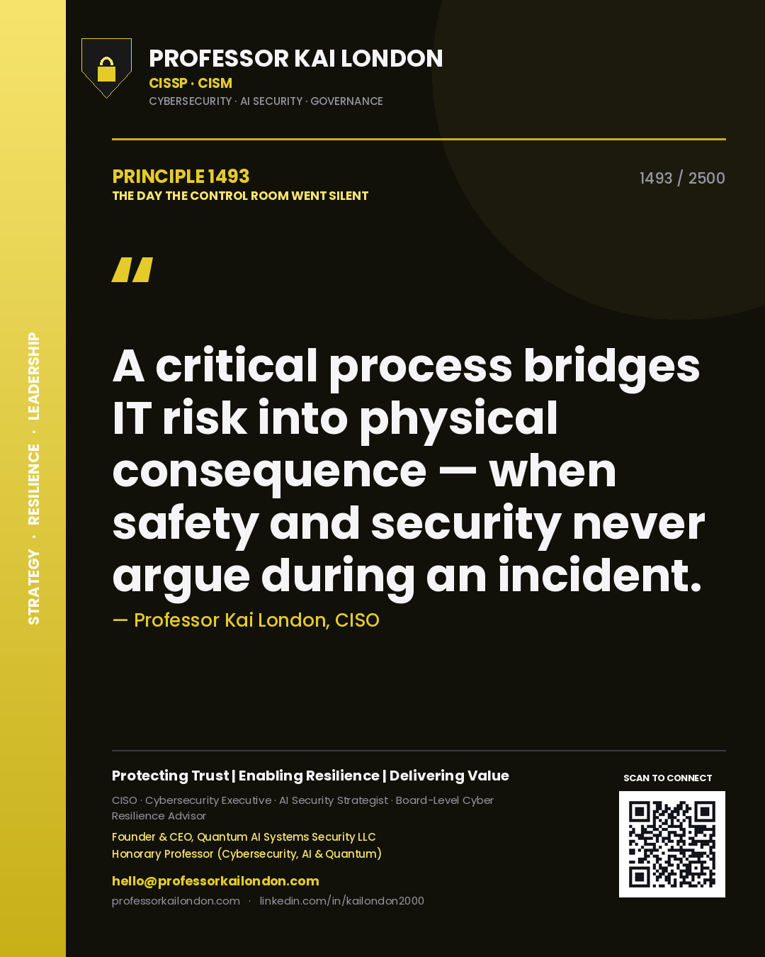 Quote card by Professor Kai London reading 'A critical process bridges IT risk into physical consequence — when safety and security never argue during an incident.'. From the book The Day the Control Room Went Silent.