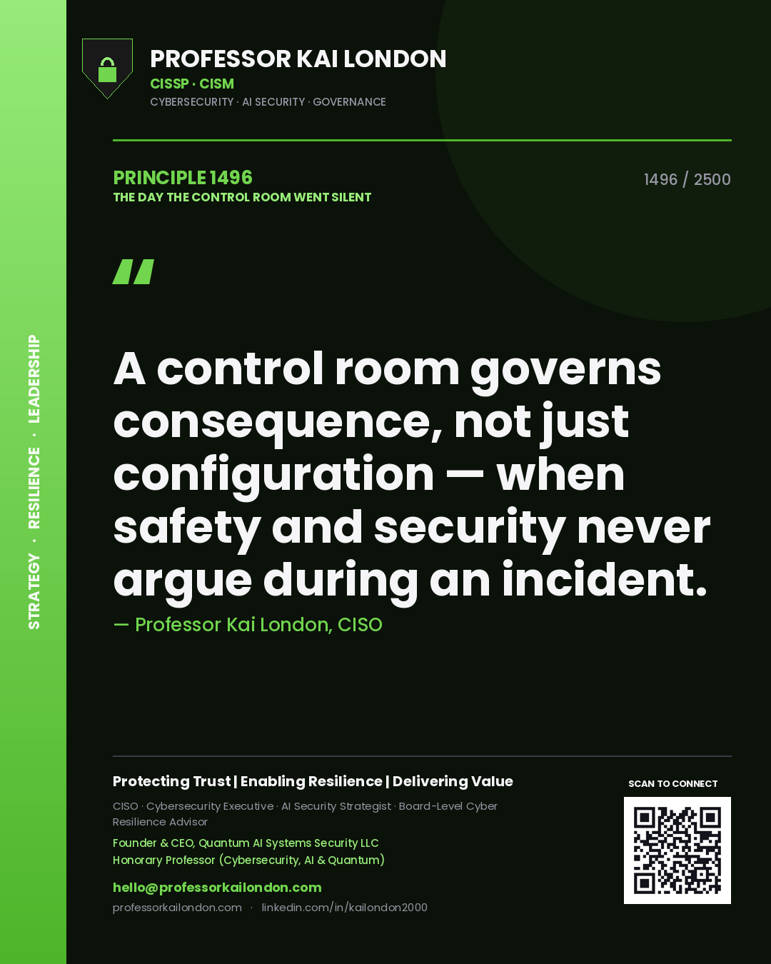 Professor Kai London principle 1496: A control room governs consequence, not just configuration — when safety and security never argue during an incident.