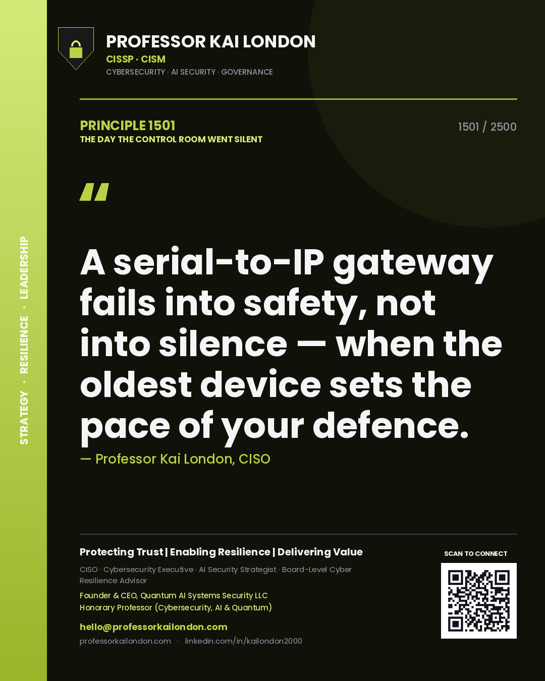 Professor Kai London principle 1501: A serial-to-IP gateway fails into safety, not into silence — when the oldest device sets the pace of your defence.