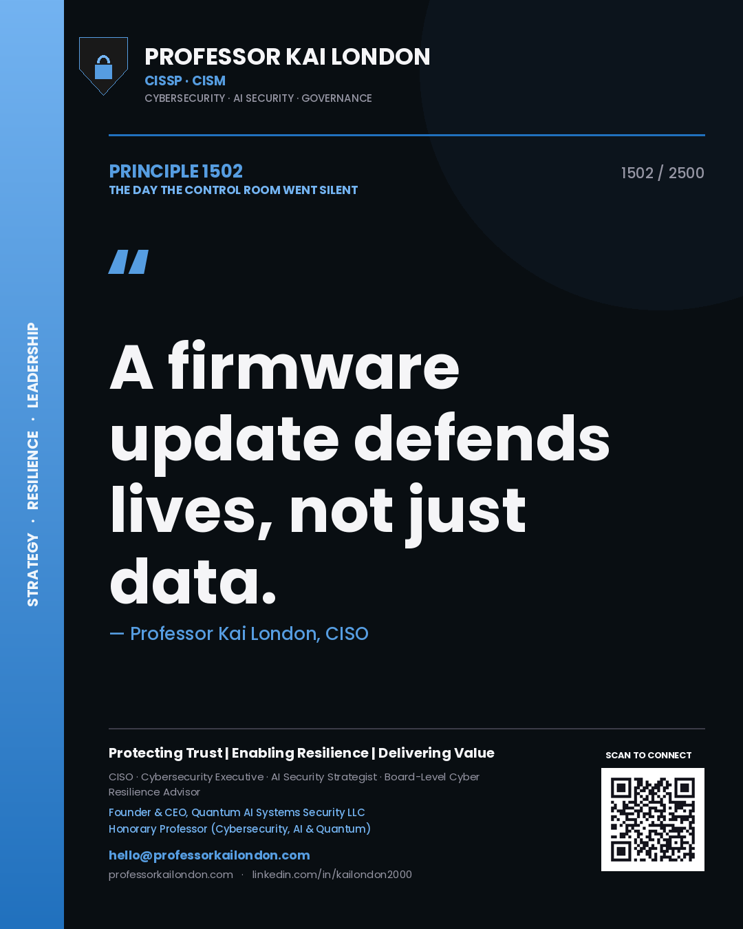 Quote card by Professor Kai London reading 'A firmware update defends lives, not just data.'. From the book The Day the Control Room Went Silent.