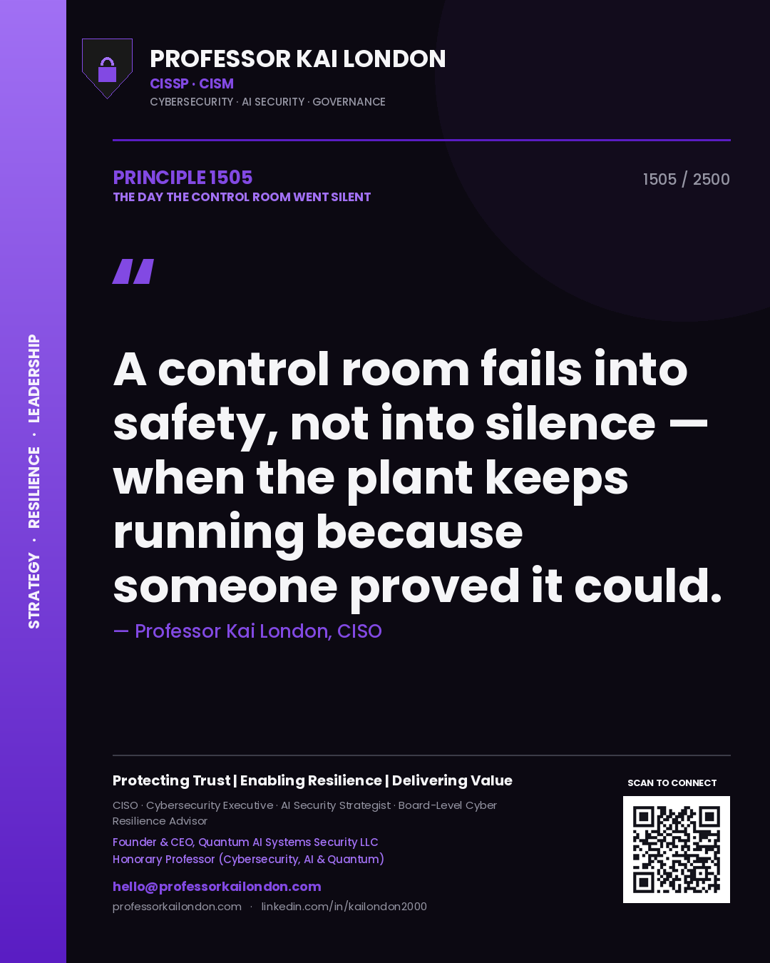 Professor Kai London principle 1505: A control room fails into safety, not into silence — when the plant keeps running because someone proved it could.