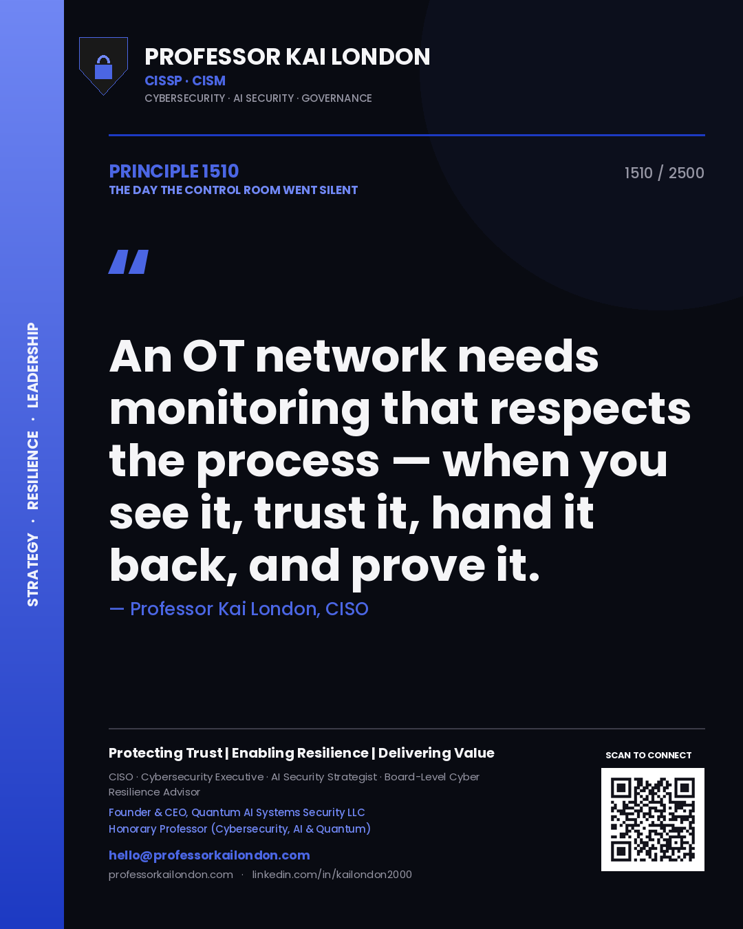 Quote card by Professor Kai London reading 'An OT network needs monitoring that respects the process — when you see it, trust it, hand it back, and prove it.'. From the book The Day the Control Room Went Silent.