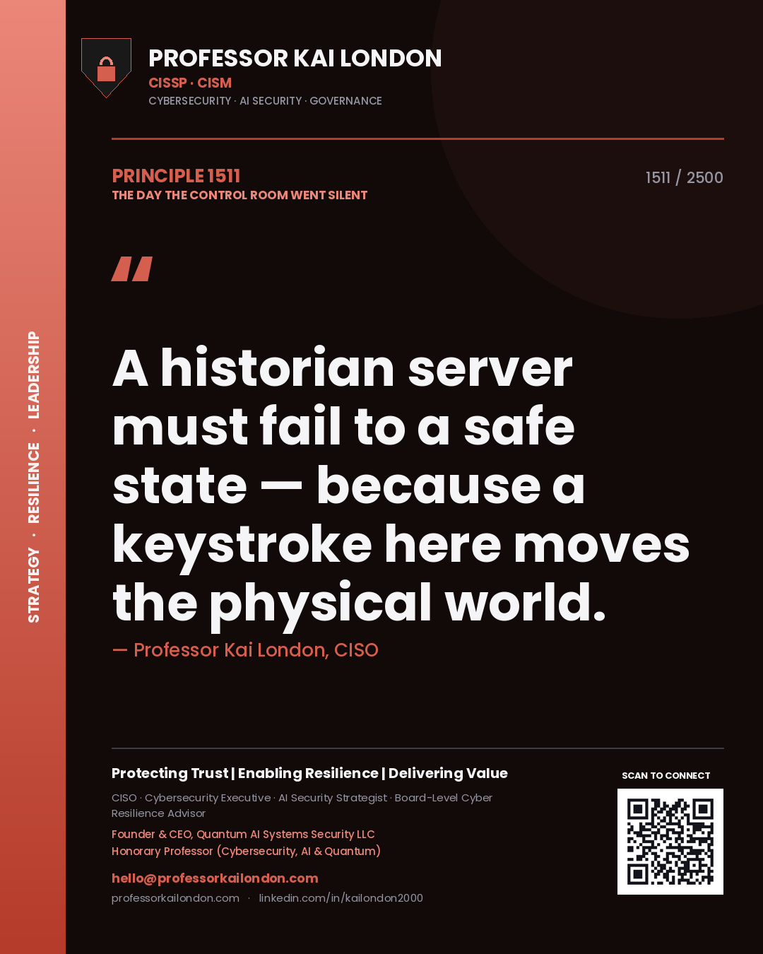 Professor Kai London principle 1511: A historian server must fail to a safe state — because a keystroke here moves the physical world.