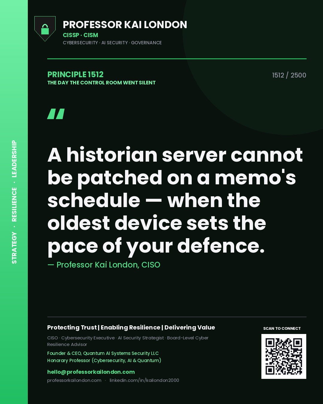 Quote card by Professor Kai London reading 'A historian server cannot be patched on a memo's schedule — when the oldest device sets the pace of your defence.'. From the book The Day the Control Room Went Silent.