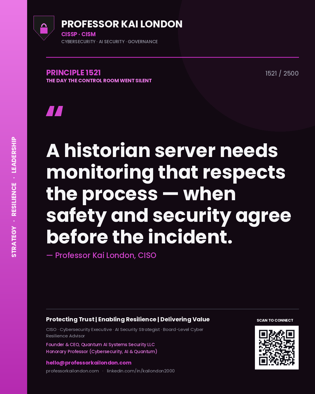 Professor Kai London principle 1521: A historian server needs monitoring that respects the process — when safety and security agree before the incident.