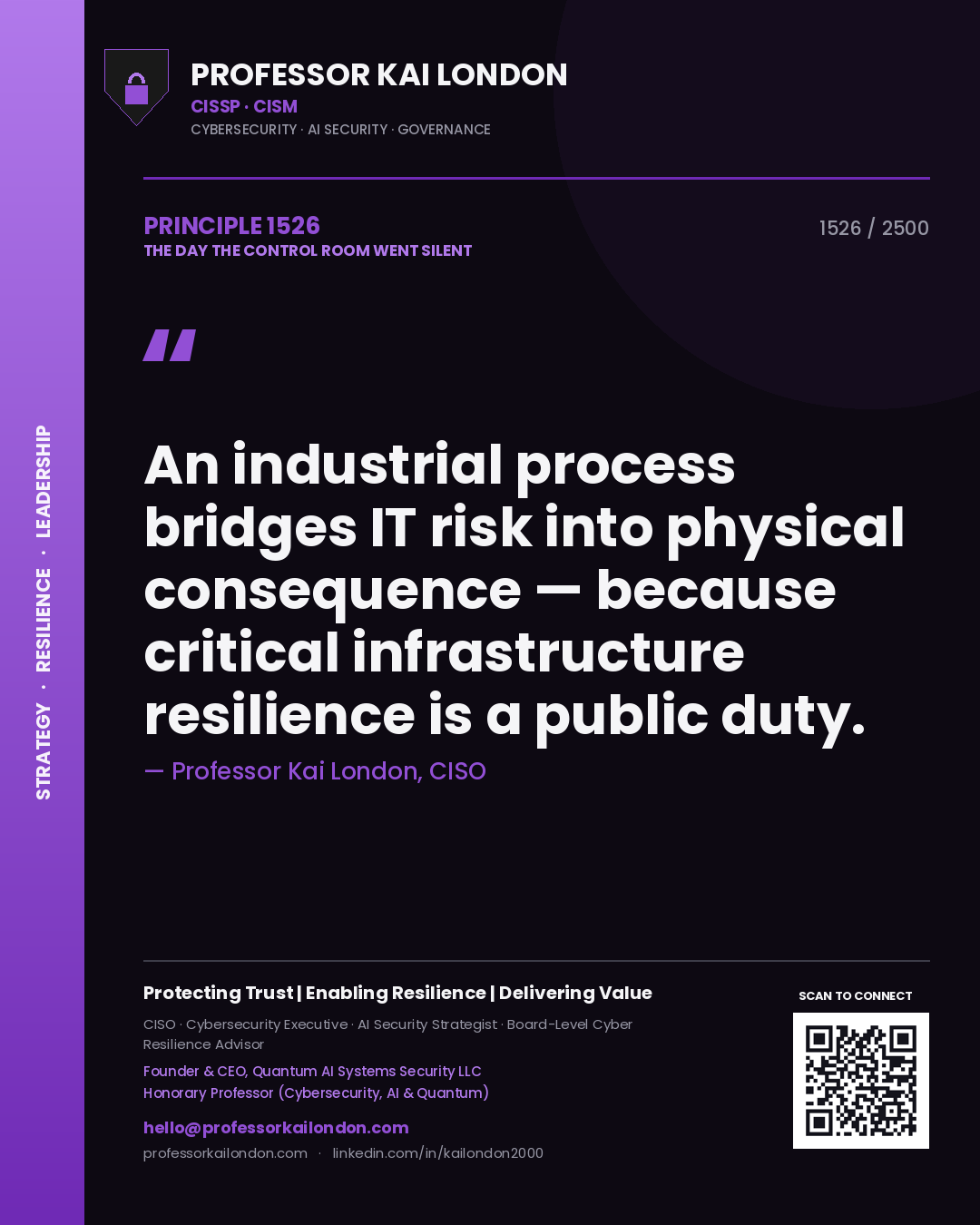 Quote card by Professor Kai London reading 'An industrial process bridges IT risk into physical consequence — because critical infrastructure resilience is a public duty.'. From the book The Day the Control Room Went Silent.