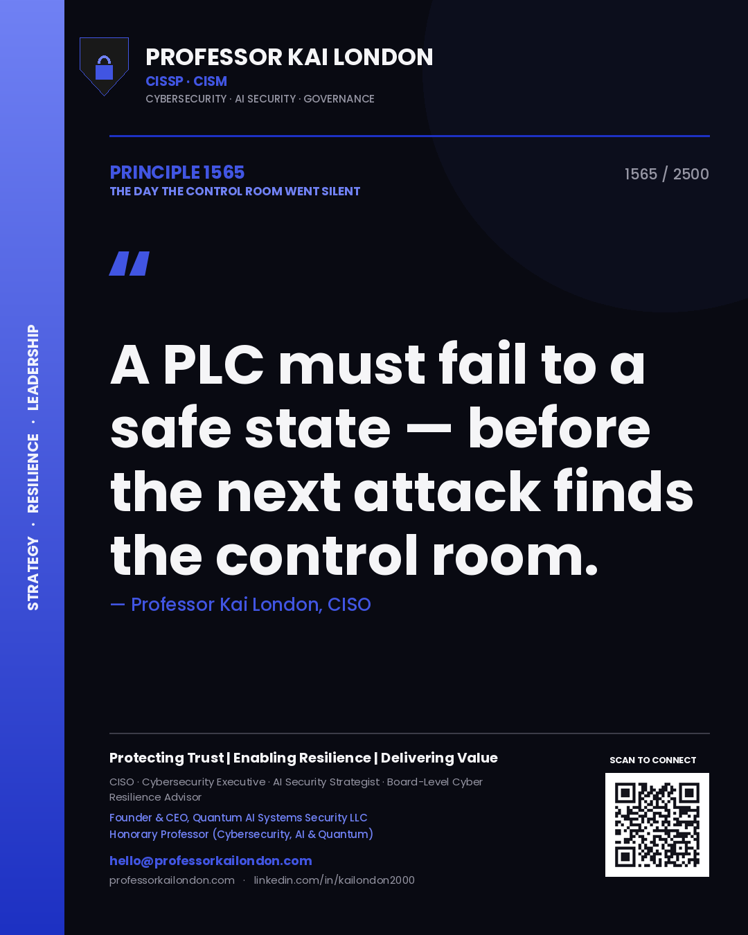 Quote card by Professor Kai London reading 'A PLC must fail to a safe state — before the next attack finds the control room.'. From the book The Day the Control Room Went Silent.