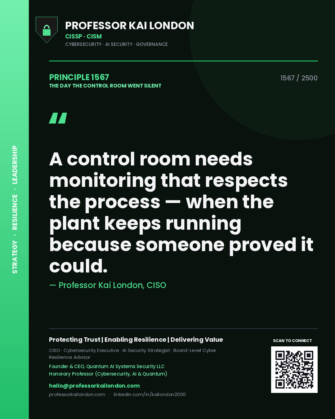 Quote card by Professor Kai London reading 'A control room needs monitoring that respects the process — when the plant keeps running because someone proved it could.'. From the book The Day the Control Room Went Silent.