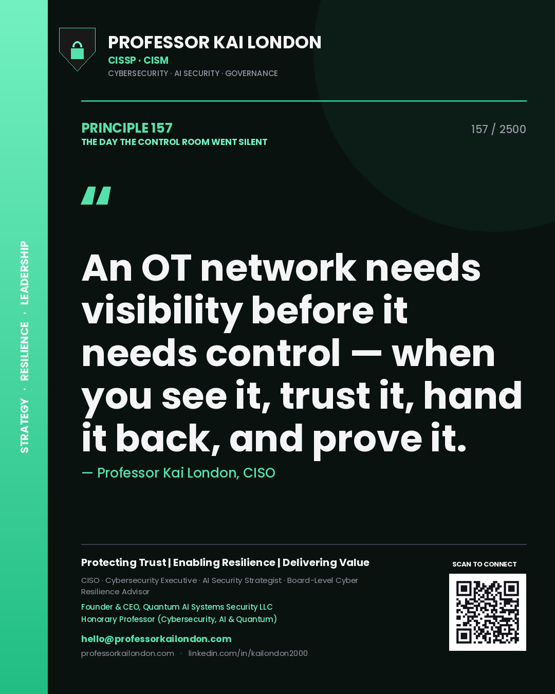 Quote card by Professor Kai London reading 'An OT network needs visibility before it needs control — when you see it, trust it, hand it back, and prove it.'. From the book The Day the Control Room Went Silent.