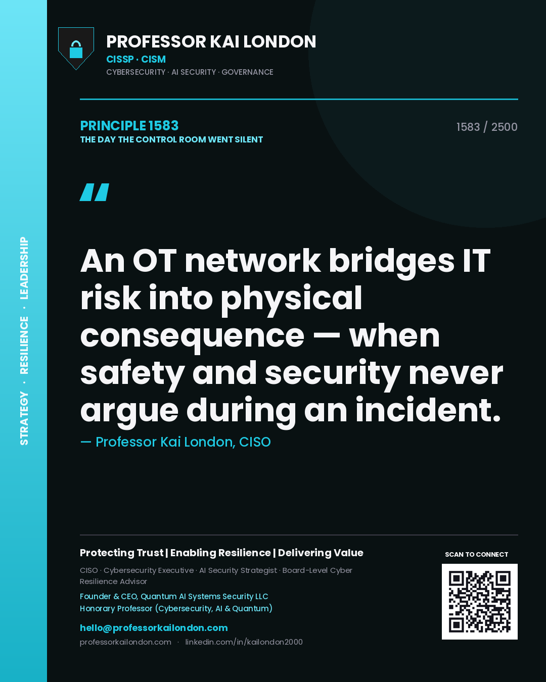 Quote card by Professor Kai London reading 'An OT network bridges IT risk into physical consequence — when safety and security never argue during an incident.'. From the book The Day the Control Room Went Silent.