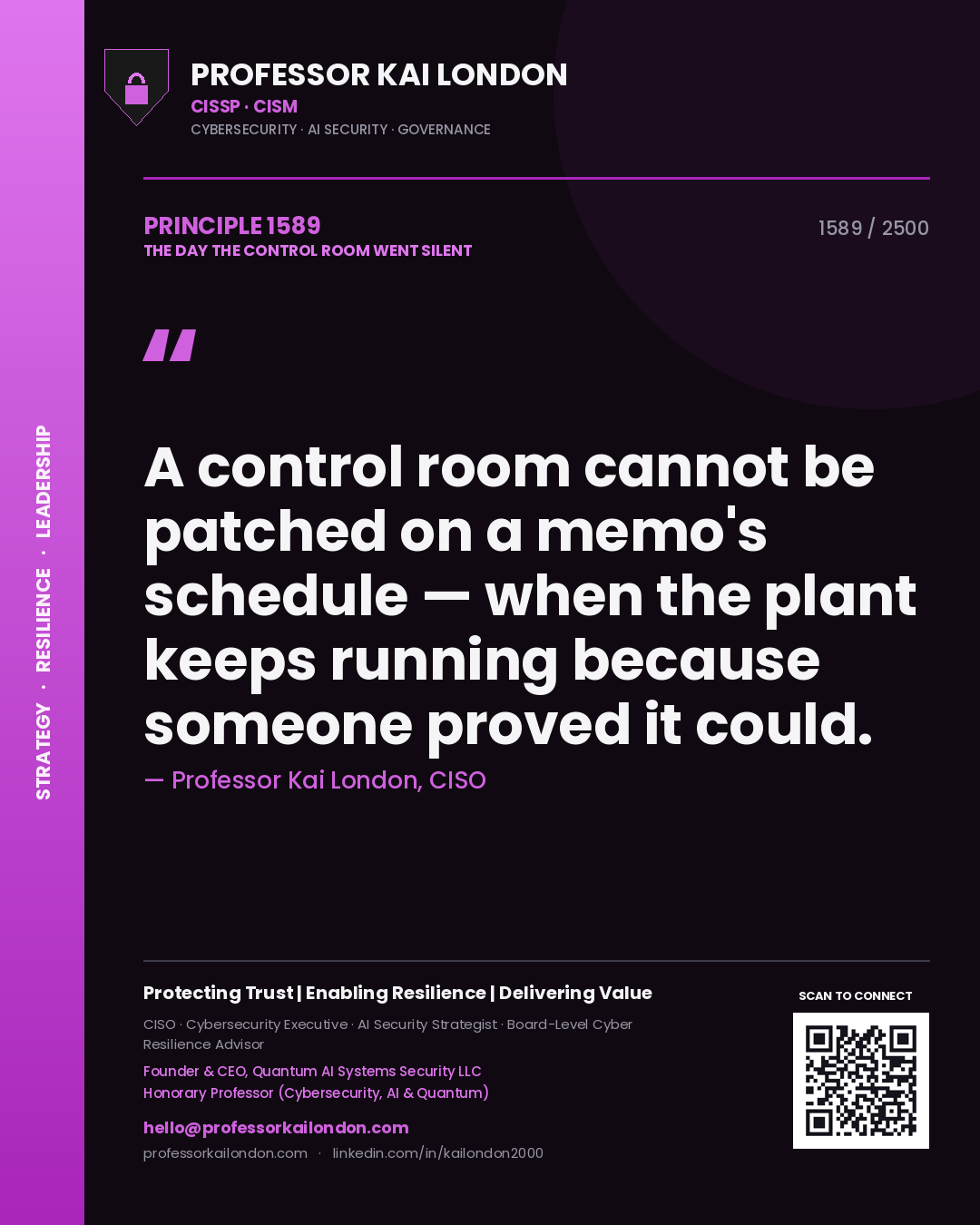 Professor Kai London principle 1589: A control room cannot be patched on a memo's schedule — when the plant keeps running because someone proved it could.