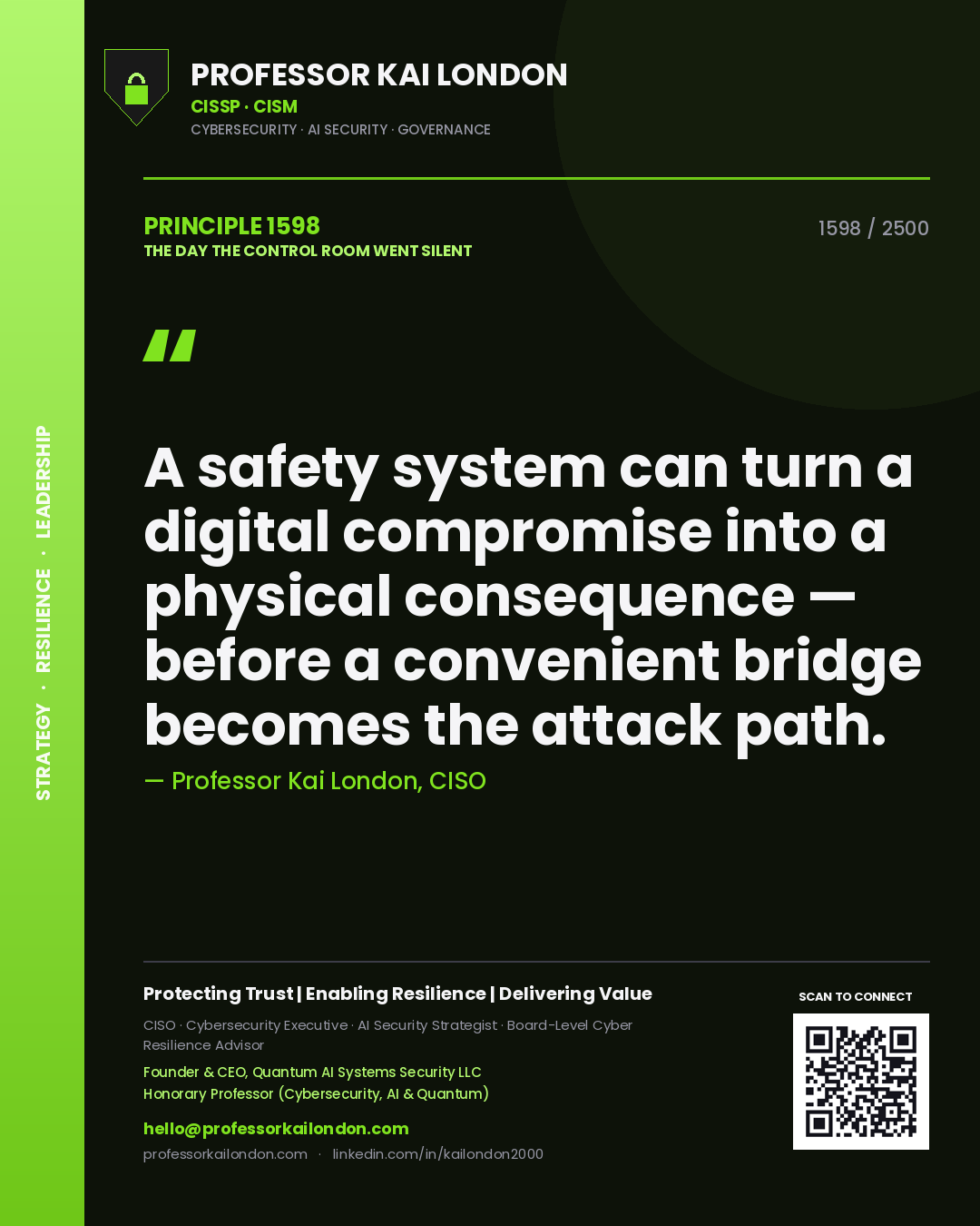 Quote card by Professor Kai London reading 'A safety system can turn a digital compromise into a physical consequence — before a convenient bridge becomes the attack path.'. From the book The Day the Control Room Went Silent.