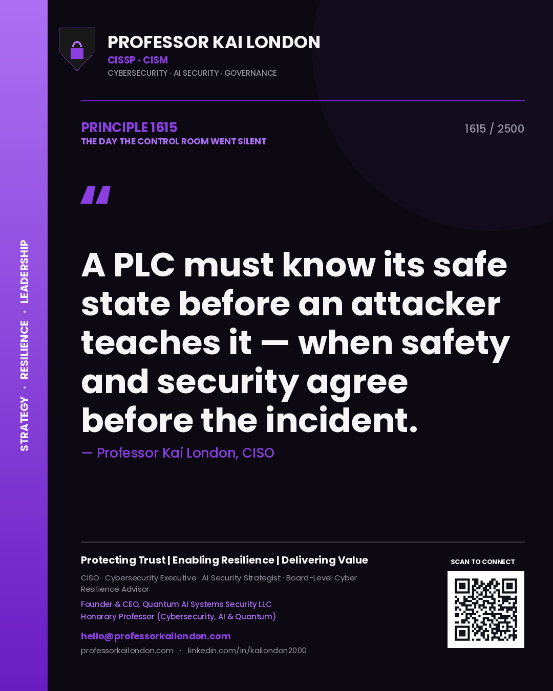 Quote card by Professor Kai London reading 'A PLC must know its safe state before an attacker teaches it — when safety and security agree before the incident.'. From the book The Day the Control Room Went Silent.