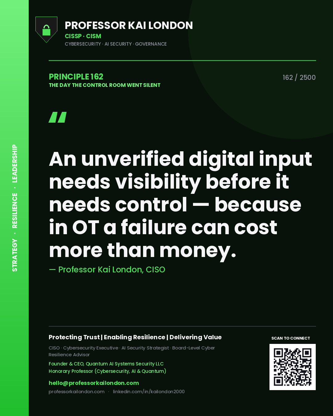 Quote card by Professor Kai London reading 'An unverified digital input needs visibility before it needs control — because in OT a failure can cost more than money.'. From the book The Day the Control Room Went Silent.
