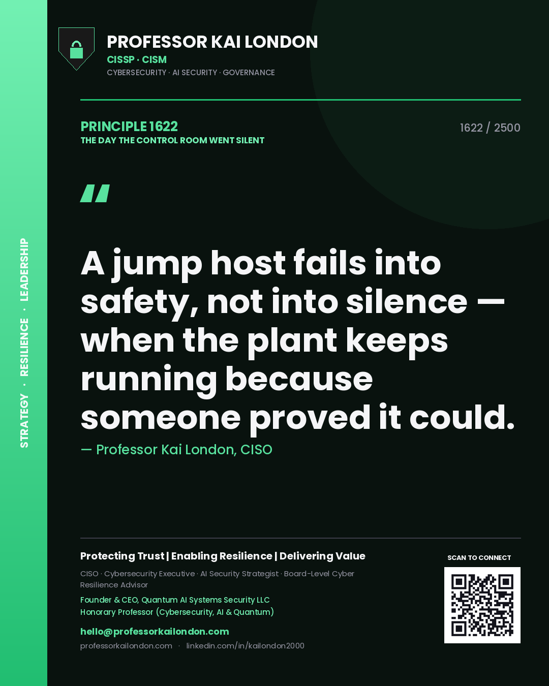 Quote card by Professor Kai London reading 'A jump host fails into safety, not into silence — when the plant keeps running because someone proved it could.'. From the book The Day the Control Room Went Silent.
