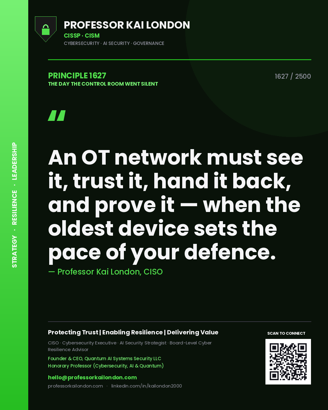 Quote card by Professor Kai London reading 'An OT network must see it, trust it, hand it back, and prove it — when the oldest device sets the pace of your defence.'. From the book The Day the Control Room Went Silent.