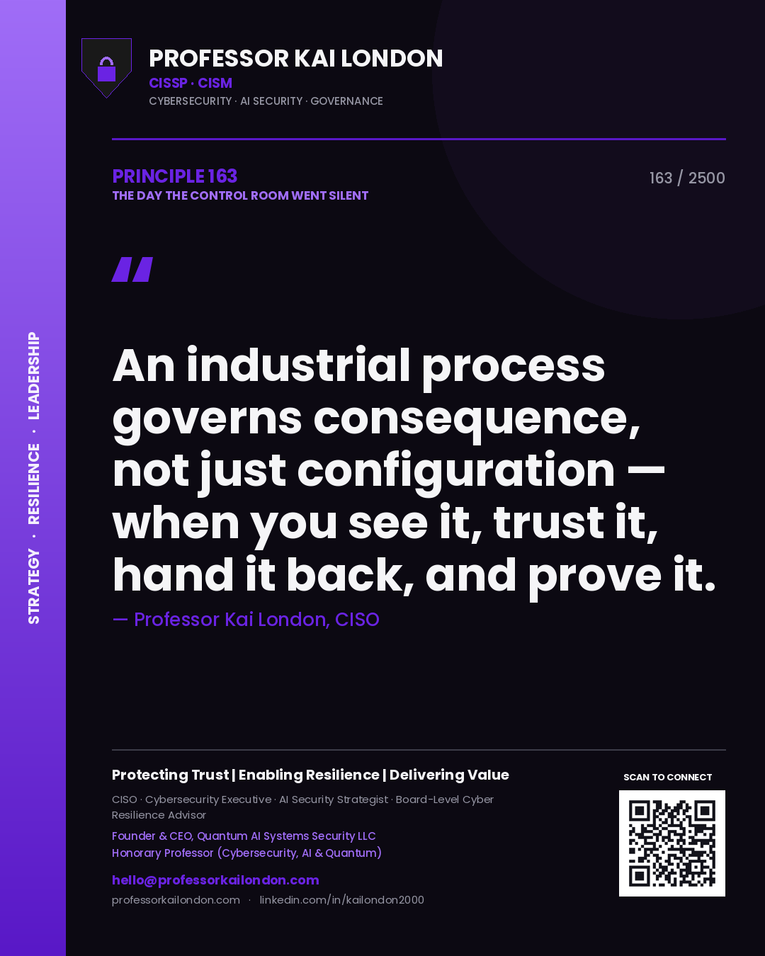 Quote card by Professor Kai London reading 'An industrial process governs consequence, not just configuration — when you see it, trust it, hand it back, and prove it.'. From the book The Day the Control Room Went Silent.
