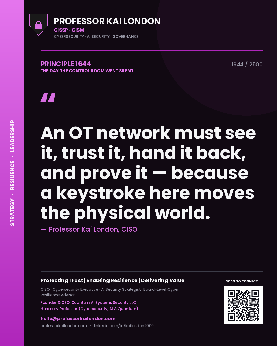 Quote card by Professor Kai London reading 'An OT network must see it, trust it, hand it back, and prove it — because a keystroke here moves the physical world.'. From the book The Day the Control Room Went Silent.
