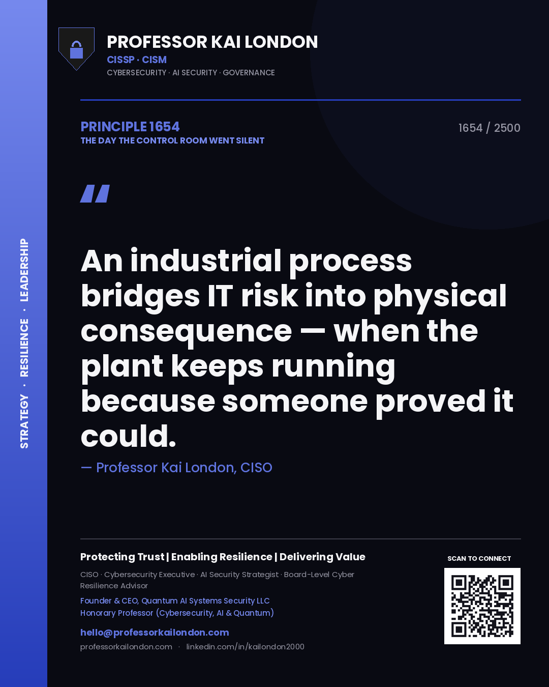 Quote card by Professor Kai London reading 'An industrial process bridges IT risk into physical consequence — when the plant keeps running because someone proved it could.'. From the book The Day the Control Room Went Silent.