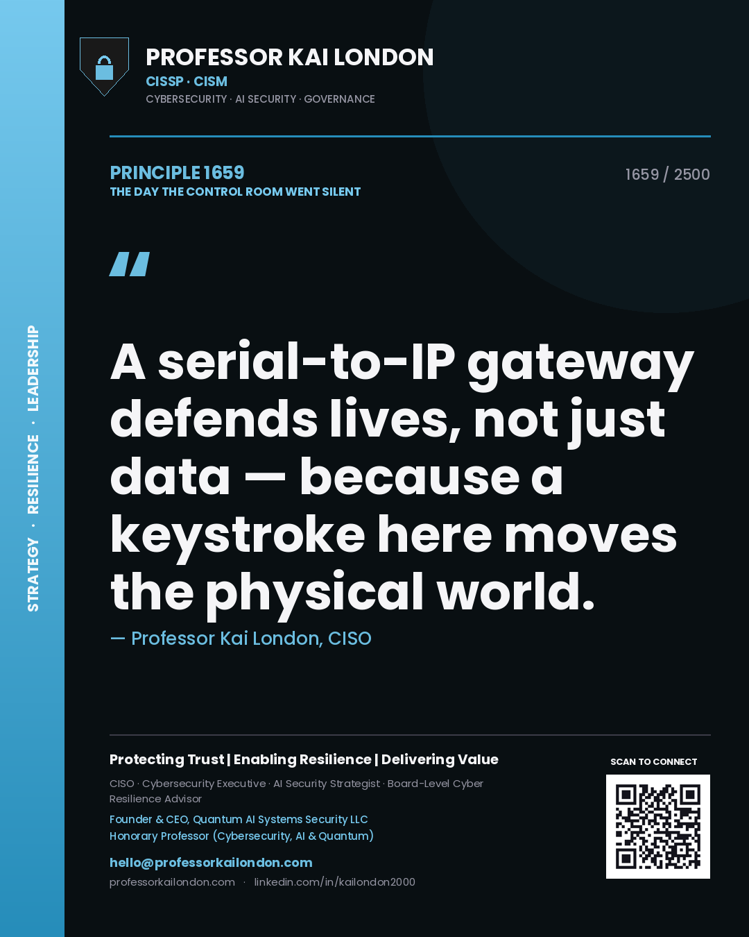 Professor Kai London principle 1659: A serial-to-IP gateway defends lives, not just data — because a keystroke here moves the physical world.