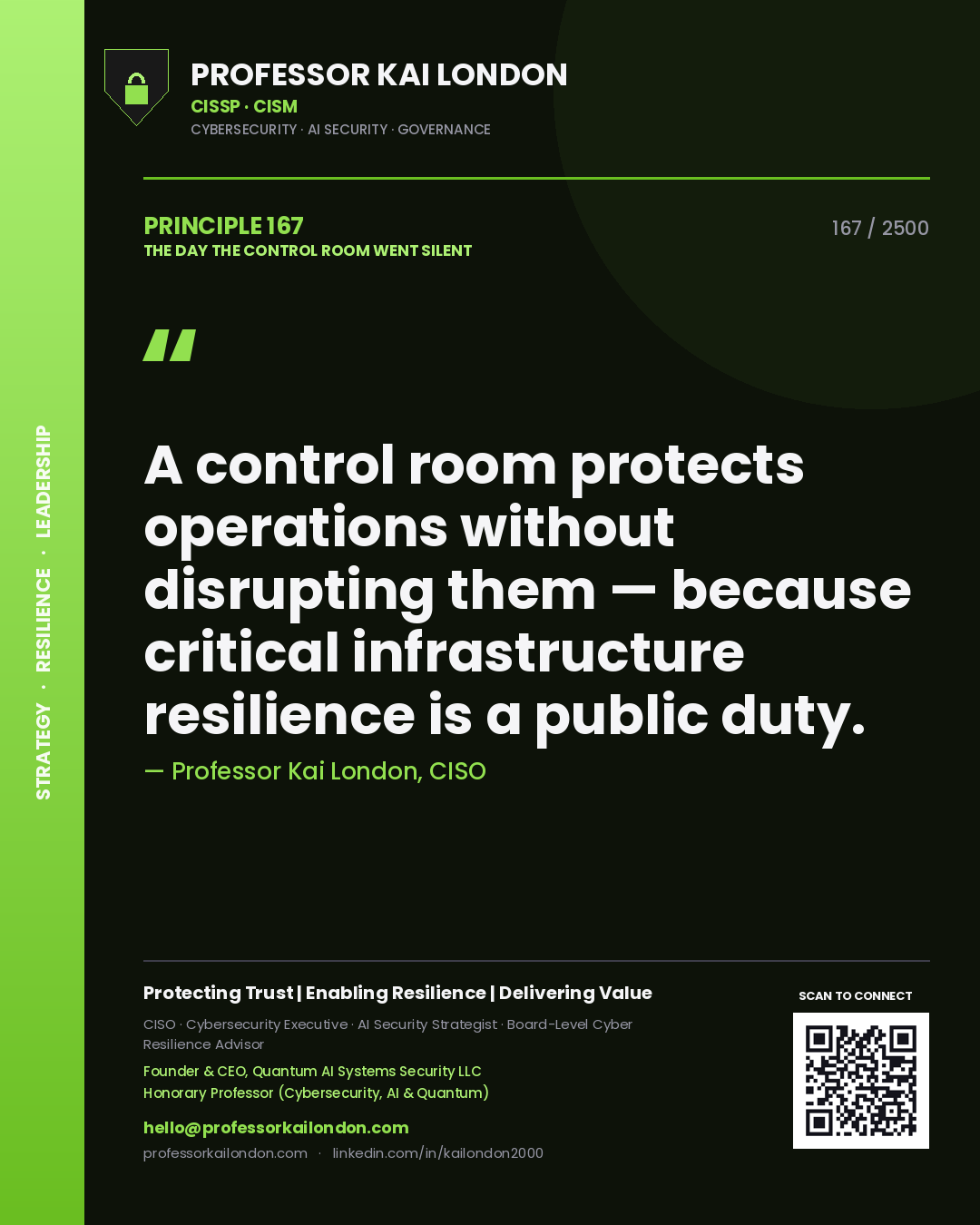 Professor Kai London principle 167: A control room protects operations without disrupting them — because critical infrastructure resilience is a public duty.